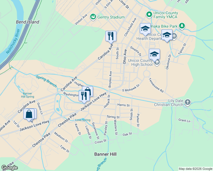 map of restaurants, bars, coffee shops, grocery stores, and more near Holiday Rd in Erwin