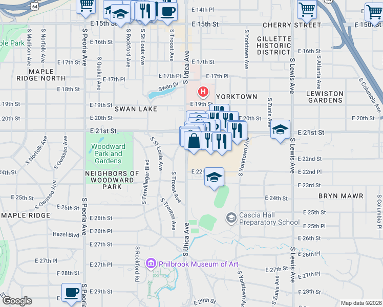map of restaurants, bars, coffee shops, grocery stores, and more near 1776 Utica Square in Tulsa