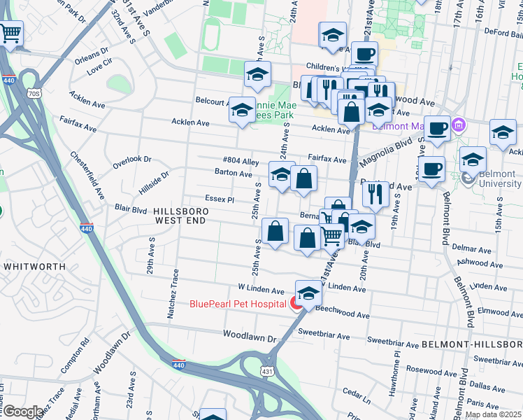 map of restaurants, bars, coffee shops, grocery stores, and more near 2104 25th Avenue South in Nashville