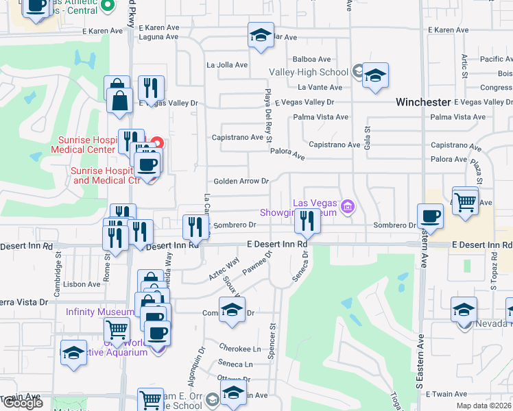 map of restaurants, bars, coffee shops, grocery stores, and more near 1698 Silver Mesa Way in Las Vegas
