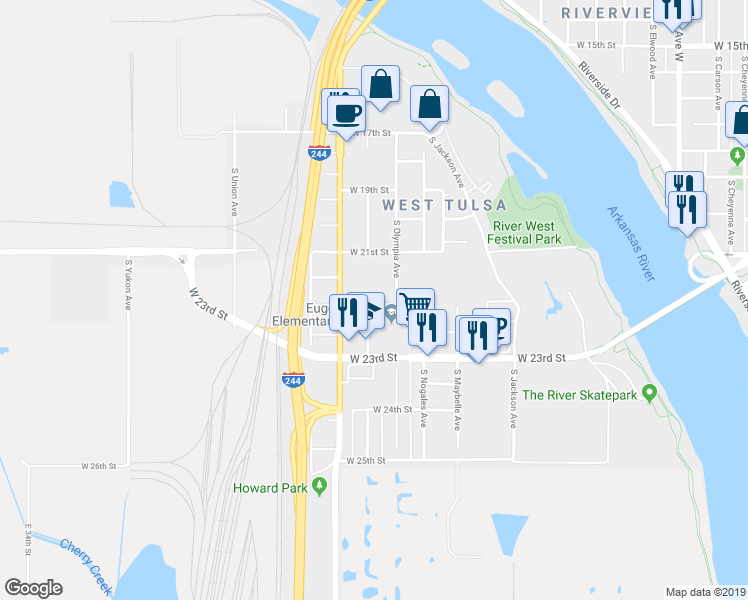 map of restaurants, bars, coffee shops, grocery stores, and more near 2139 South Phoenix Avenue in Tulsa