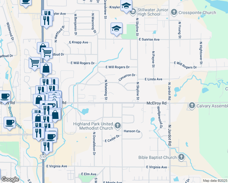 map of restaurants, bars, coffee shops, grocery stores, and more near 1400 East McElroy Road in Stillwater
