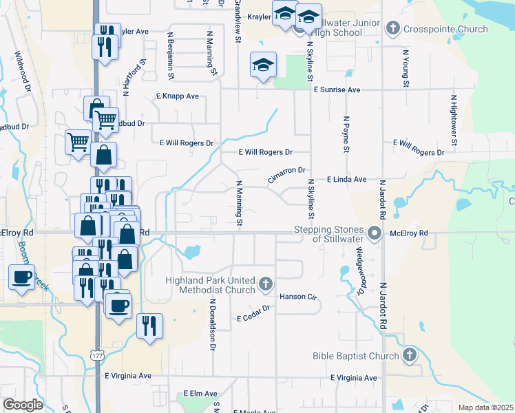 map of restaurants, bars, coffee shops, grocery stores, and more near 1400 East McElroy Road in Stillwater