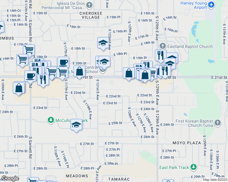 map of restaurants, bars, coffee shops, grocery stores, and more near 12152 East 21st Court in Tulsa