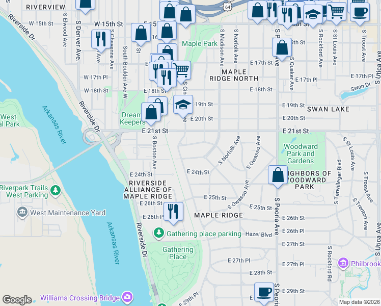 map of restaurants, bars, coffee shops, grocery stores, and more near 212 Sunset Drive South in Tulsa