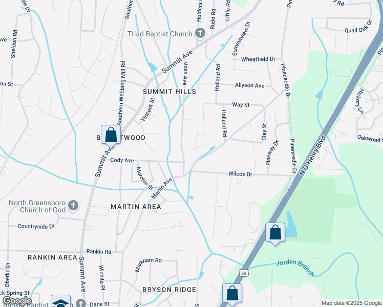 map of restaurants, bars, coffee shops, grocery stores, and more near 2200 Matthew Oaks Court in Greensboro