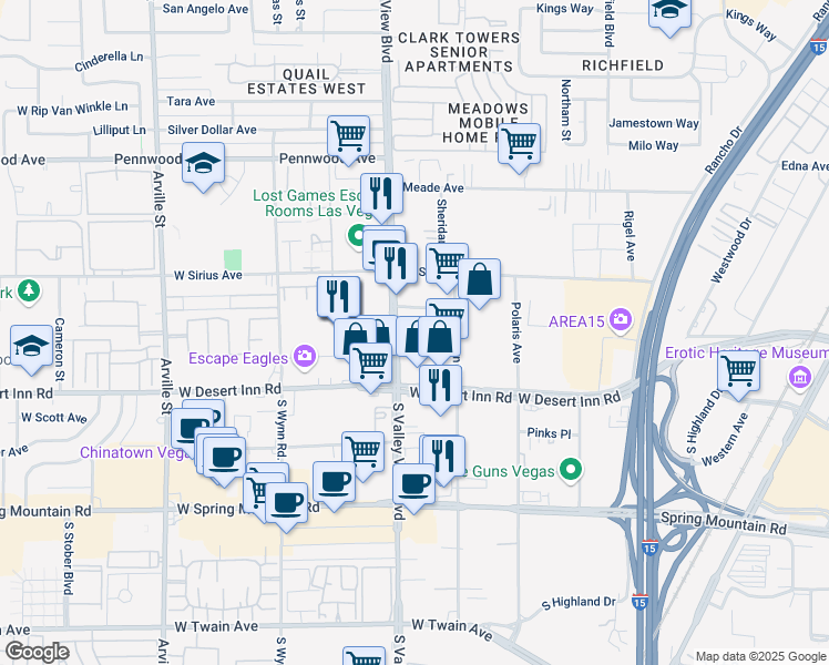 map of restaurants, bars, coffee shops, grocery stores, and more near 3200 South Valley View Boulevard in Las Vegas