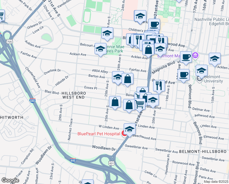 map of restaurants, bars, coffee shops, grocery stores, and more near 2043 24th Avenue South in Nashville