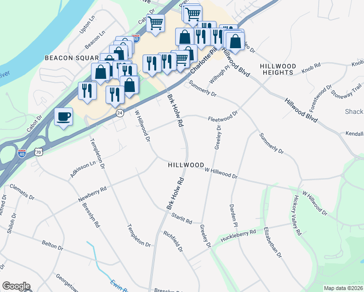 map of restaurants, bars, coffee shops, grocery stores, and more near 831 Brook Hollow Road in Nashville