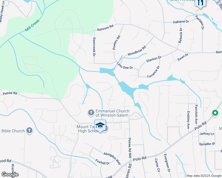 map of restaurants, bars, coffee shops, grocery stores, and more near 301 Springwater Court in Winston-Salem