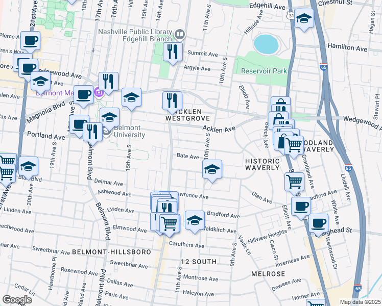map of restaurants, bars, coffee shops, grocery stores, and more near 1018 Bate Avenue in Nashville