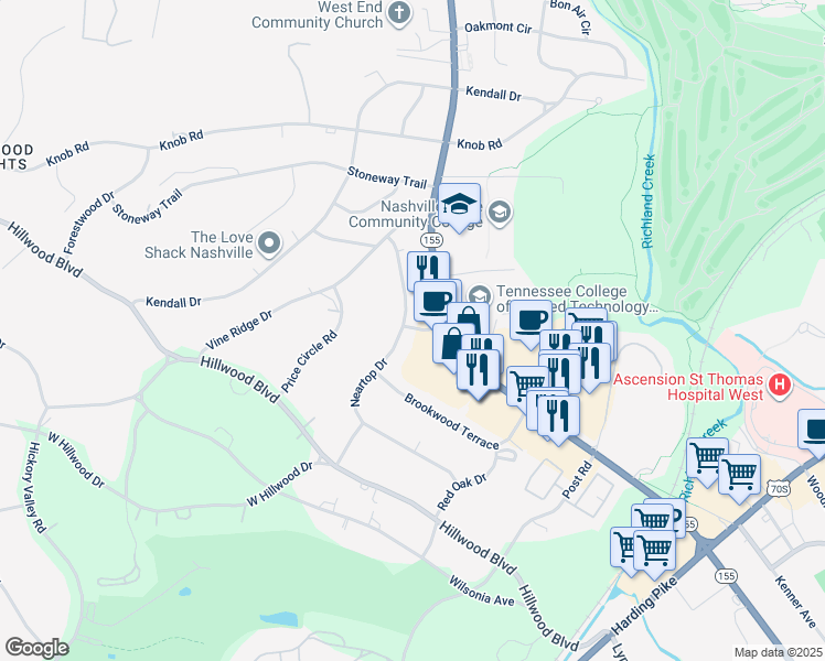 map of restaurants, bars, coffee shops, grocery stores, and more near 5615 Brookwood Place in Nashville