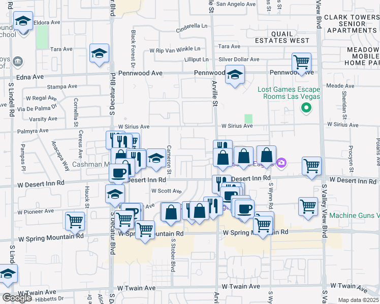 map of restaurants, bars, coffee shops, grocery stores, and more near 4515 Del Oro Drive in Las Vegas