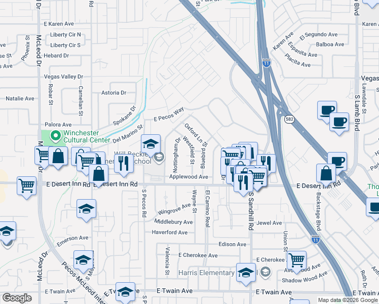 map of restaurants, bars, coffee shops, grocery stores, and more near 3170 Westfield Street in Las Vegas