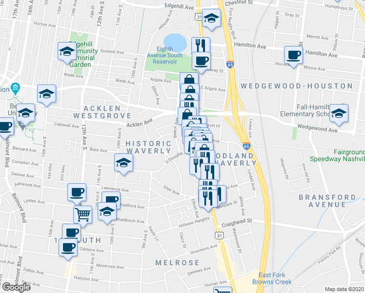 map of restaurants, bars, coffee shops, grocery stores, and more near 2033 8th Avenue South in Nashville