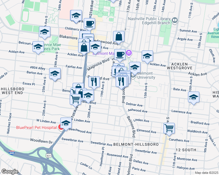 map of restaurants, bars, coffee shops, grocery stores, and more near 2013 18th Avenue South in Nashville