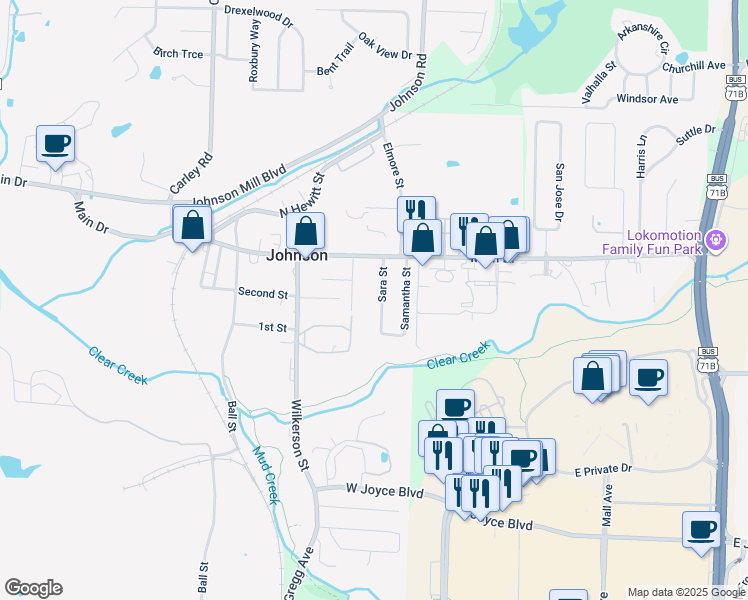 map of restaurants, bars, coffee shops, grocery stores, and more near 5804 Sara Street in Fayetteville
