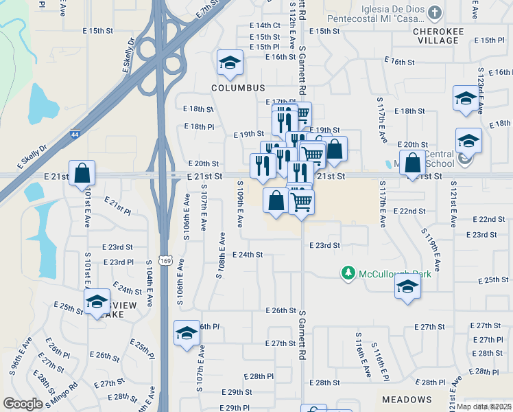 map of restaurants, bars, coffee shops, grocery stores, and more near 2142 South 109th East Avenue in Tulsa