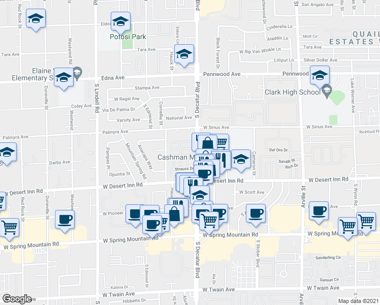 map of restaurants, bars, coffee shops, grocery stores, and more near 4922 Mozart Drive in Las Vegas
