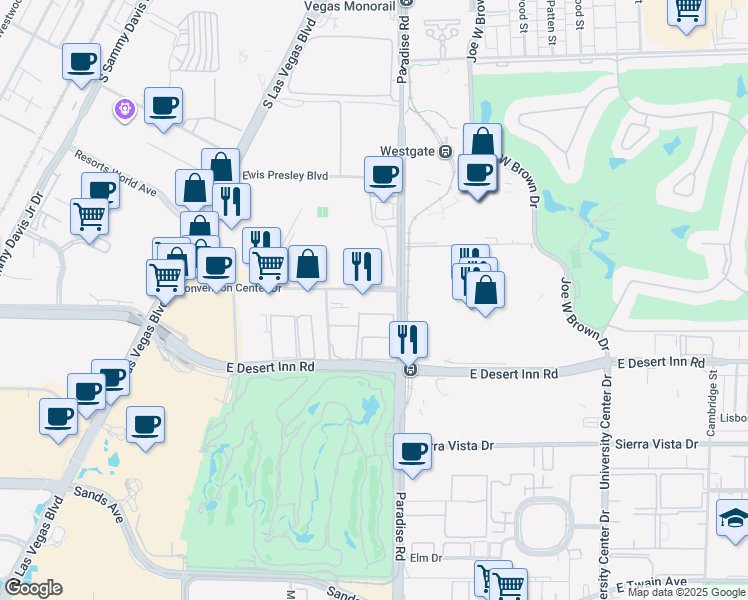 map of restaurants, bars, coffee shops, grocery stores, and more near 355 Convention Center Drive in Las Vegas