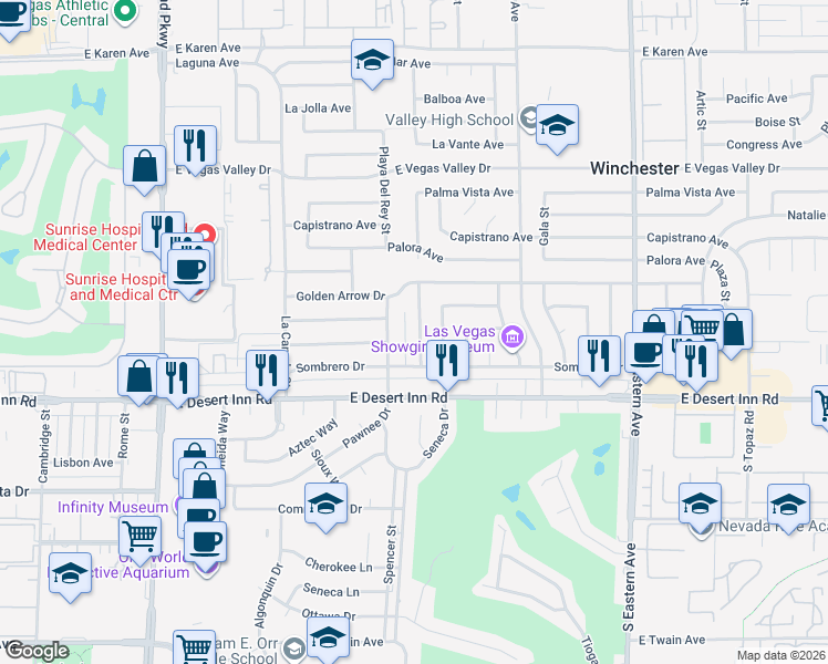 map of restaurants, bars, coffee shops, grocery stores, and more near 3189 Seneca Drive in Las Vegas