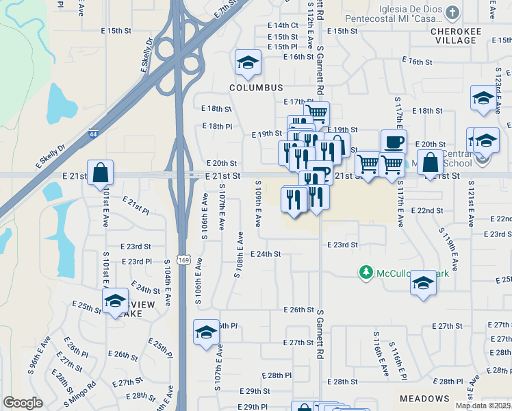map of restaurants, bars, coffee shops, grocery stores, and more near 2142 South 109th East Avenue in Tulsa