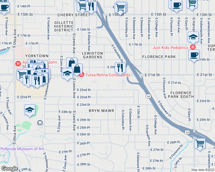 map of restaurants, bars, coffee shops, grocery stores, and more near 2116 South Birmingham Court in Tulsa