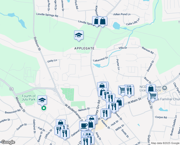 map of restaurants, bars, coffee shops, grocery stores, and more near 604 Farmwood Drive in Kernersville