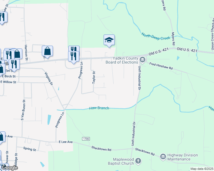 map of restaurants, bars, coffee shops, grocery stores, and more near 703 Alan Drive in Yadkinville