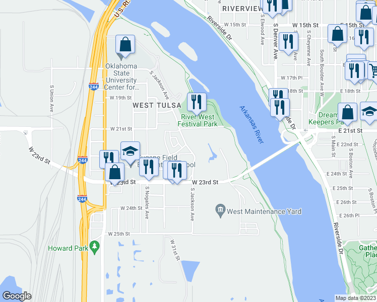 map of restaurants, bars, coffee shops, grocery stores, and more near 2202 South Jackson Avenue in Tulsa