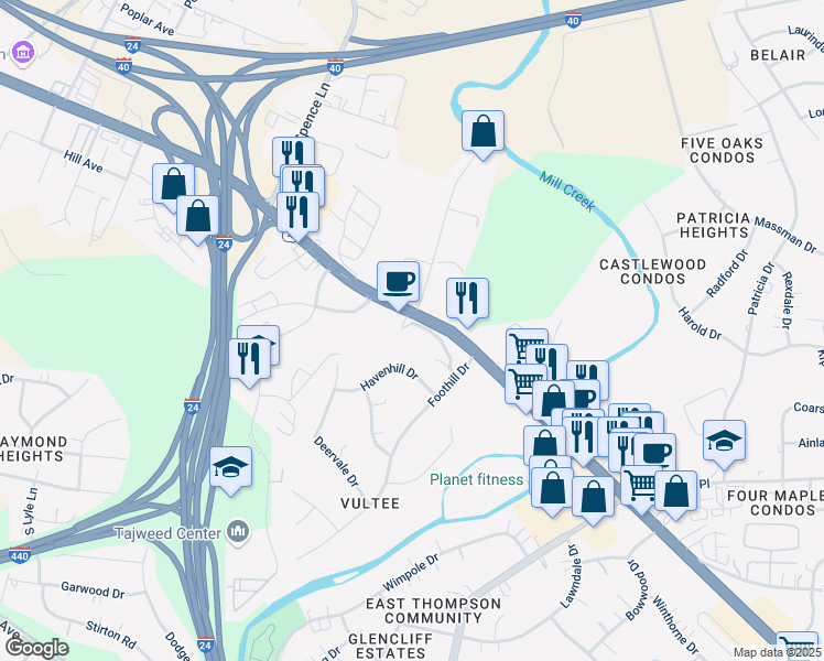map of restaurants, bars, coffee shops, grocery stores, and more near 803 Foothill Court in Nashville