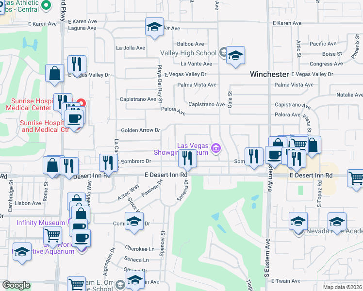 map of restaurants, bars, coffee shops, grocery stores, and more near 3189 Seneca Drive in Las Vegas