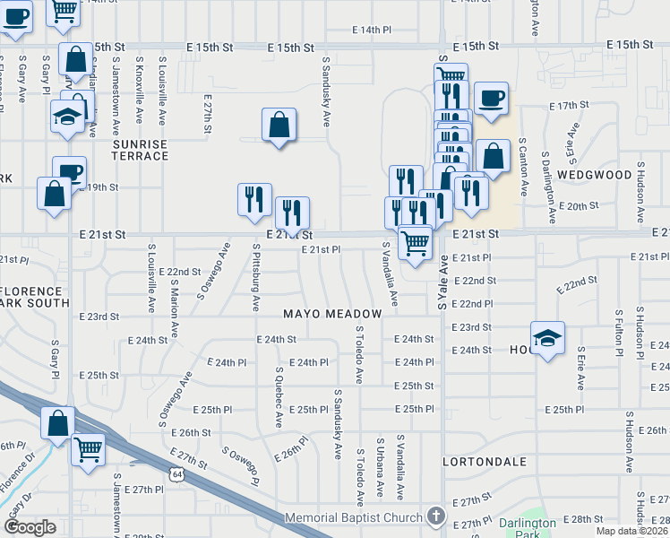 map of restaurants, bars, coffee shops, grocery stores, and more near 2138 South Toledo Avenue in Tulsa