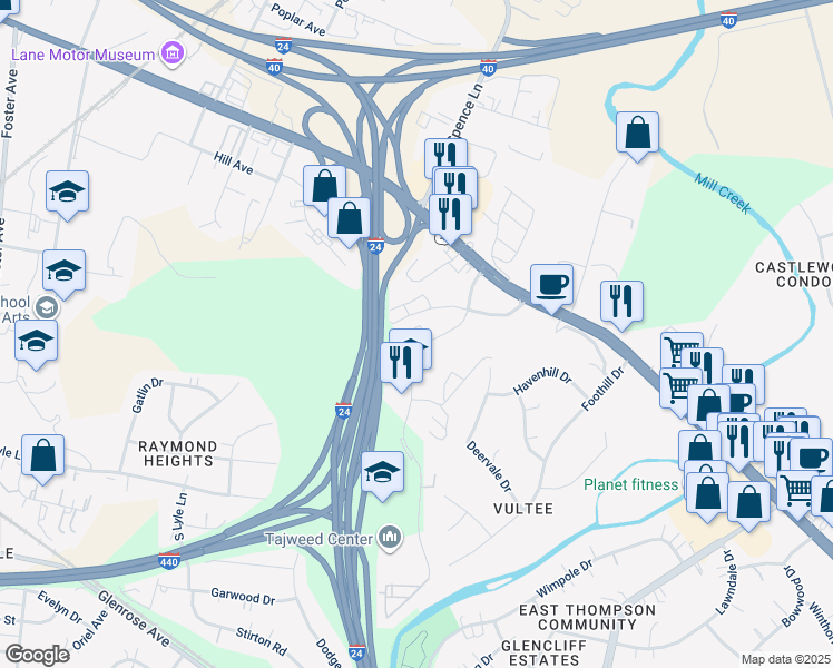 map of restaurants, bars, coffee shops, grocery stores, and more near 319 Plus Park Boulevard in Nashville