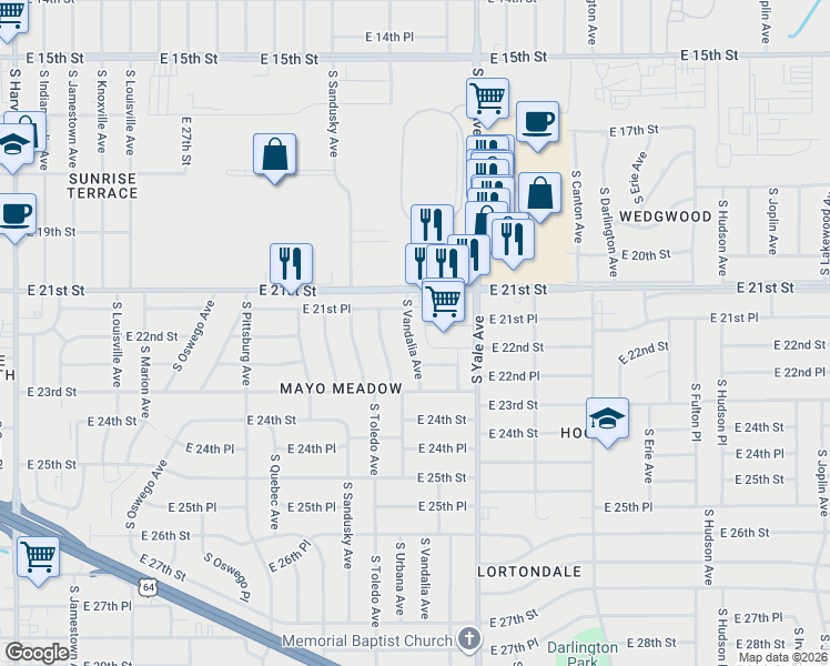 map of restaurants, bars, coffee shops, grocery stores, and more near 2139 South Vandalia Avenue in Tulsa