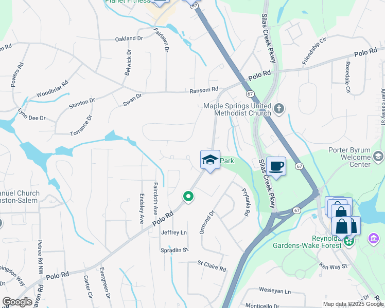 map of restaurants, bars, coffee shops, grocery stores, and more near 1814 Oakcrest Court in Winston-Salem