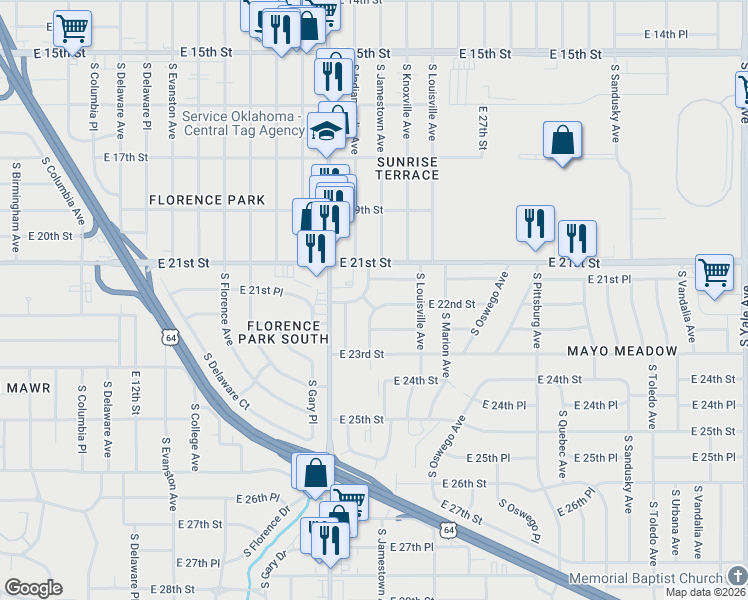map of restaurants, bars, coffee shops, grocery stores, and more near 2209 South Jamestown Avenue in Tulsa