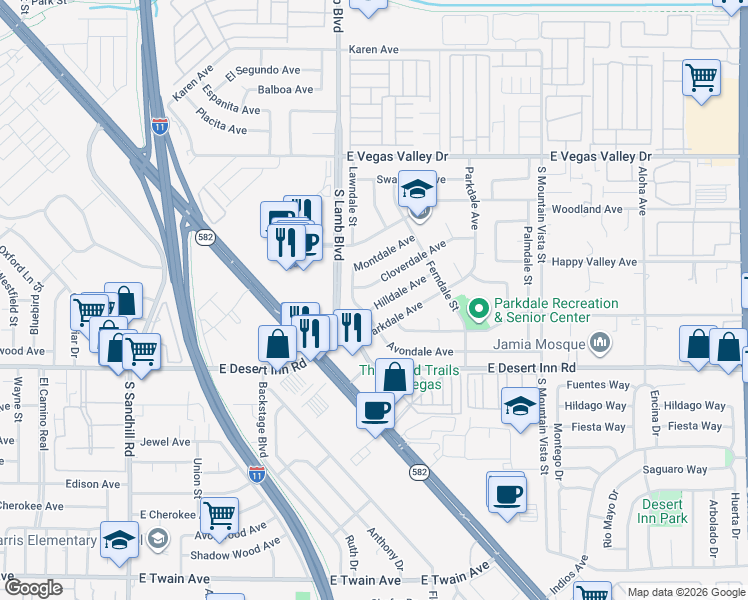 map of restaurants, bars, coffee shops, grocery stores, and more near 4276 Hilldale Avenue in Las Vegas