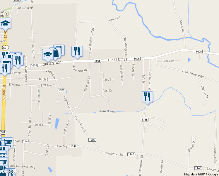 map of restaurants, bars, coffee shops, grocery stores, and more near 609 Alan Drive in Yadkinville