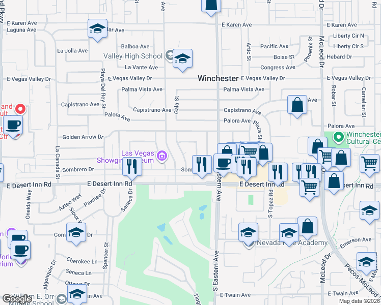 map of restaurants, bars, coffee shops, grocery stores, and more near 3182 Camel Back Drive in Las Vegas