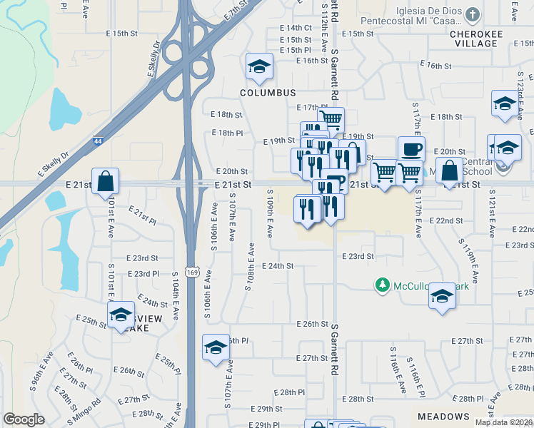 map of restaurants, bars, coffee shops, grocery stores, and more near 2142 South 109th East Avenue in Tulsa