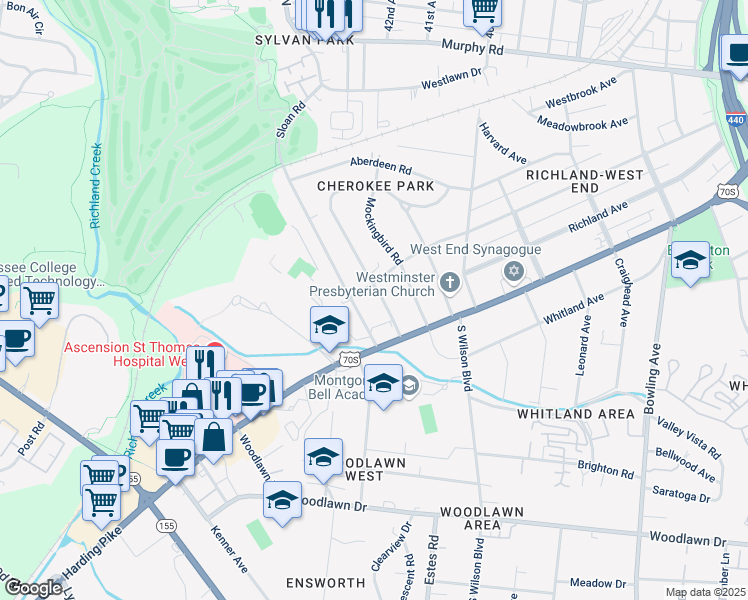 map of restaurants, bars, coffee shops, grocery stores, and more near 113 Lauderdale Road in Nashville