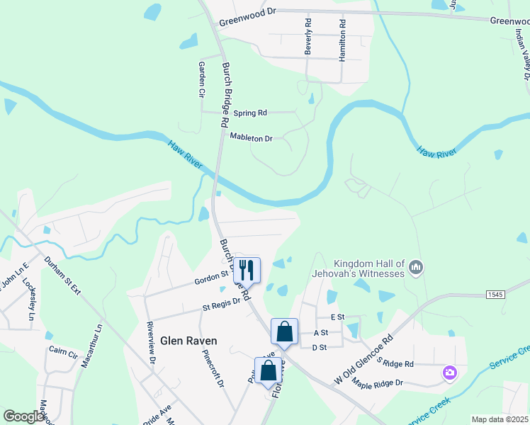 map of restaurants, bars, coffee shops, grocery stores, and more near 1111 North Riverview Drive in Burlington
