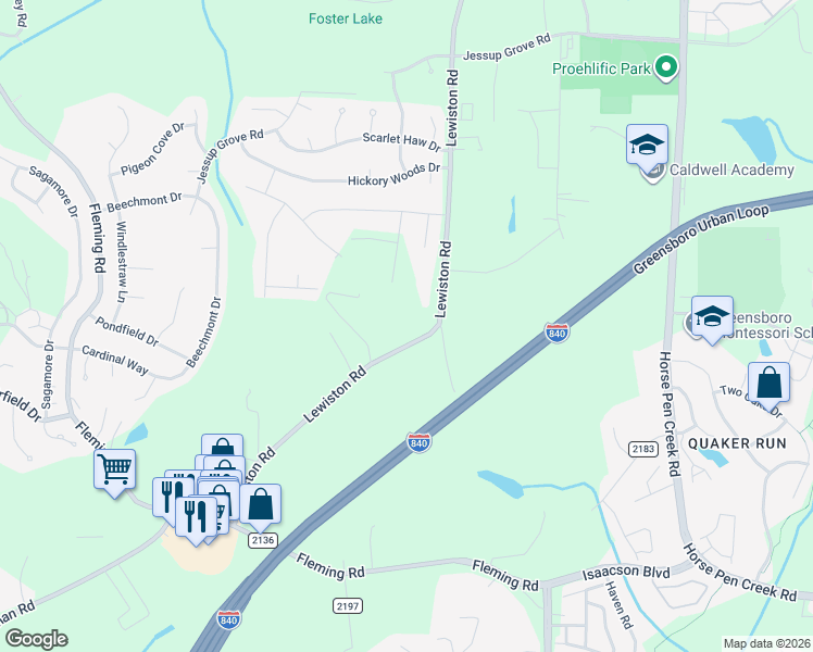 map of restaurants, bars, coffee shops, grocery stores, and more near 3601 Lewiston Road in Greensboro
