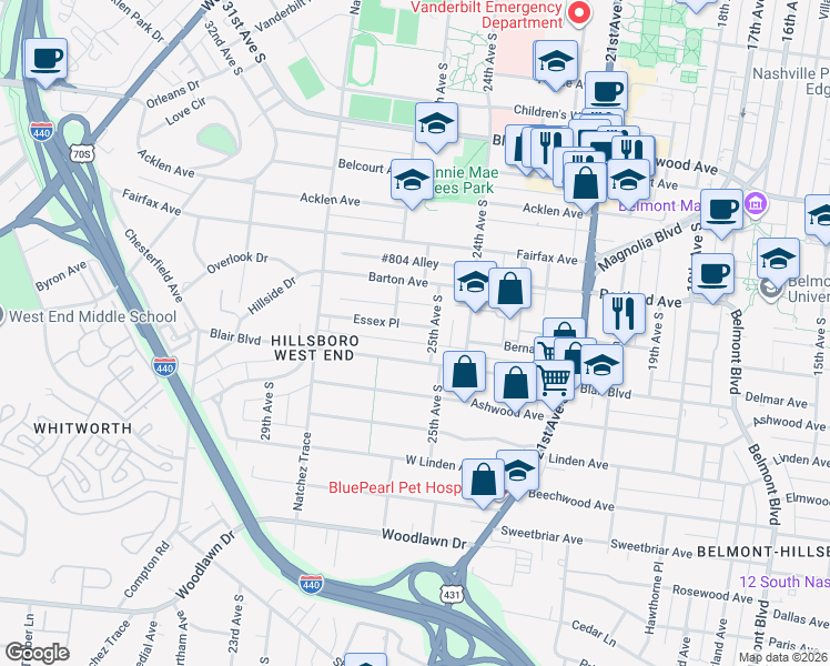 map of restaurants, bars, coffee shops, grocery stores, and more near 2507 Essex Place in Nashville