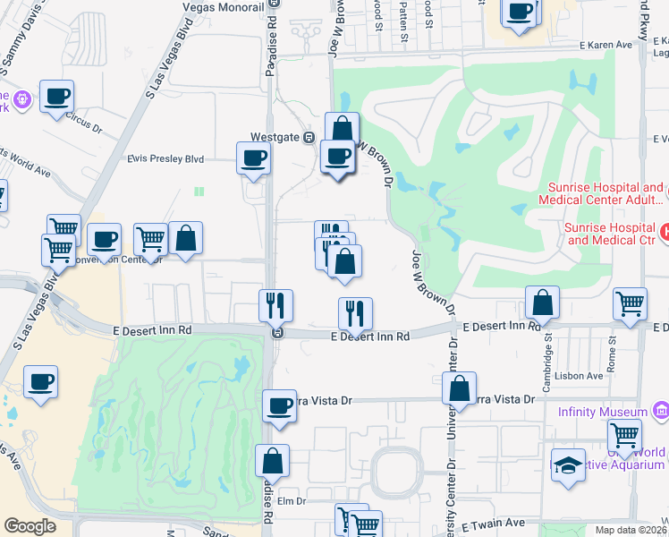 map of restaurants, bars, coffee shops, grocery stores, and more near 3150 Paradise Road in Las Vegas
