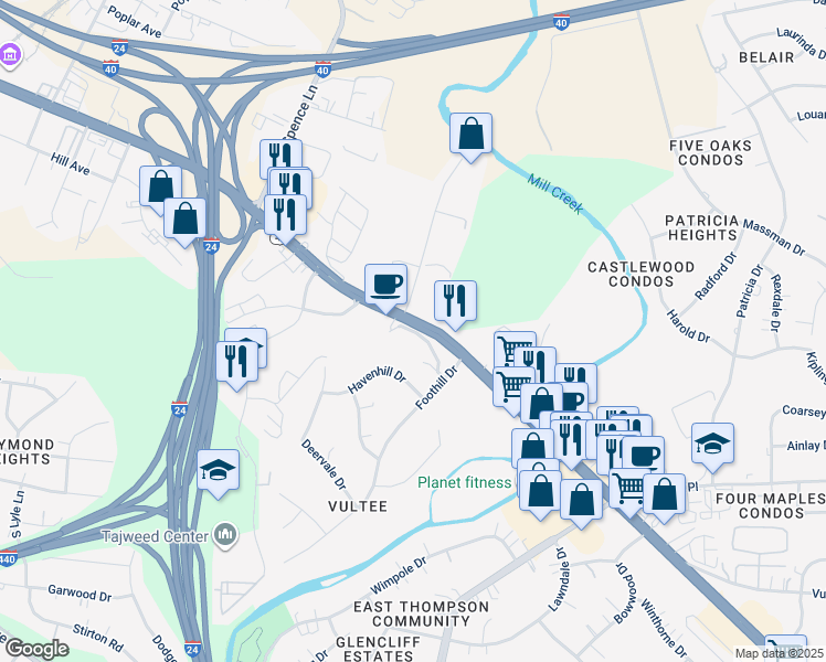 map of restaurants, bars, coffee shops, grocery stores, and more near 803 Foothill Court in Nashville
