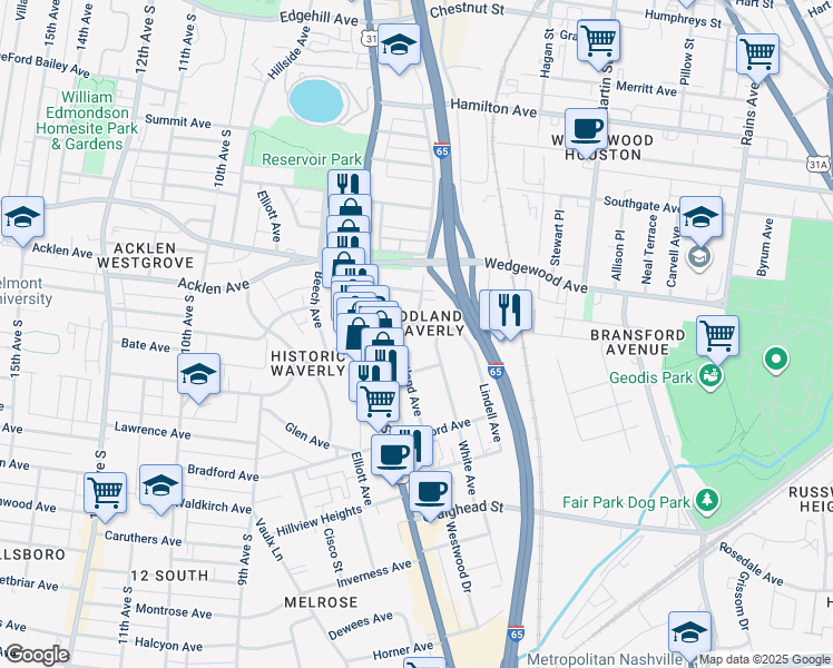 map of restaurants, bars, coffee shops, grocery stores, and more near in Nashville
