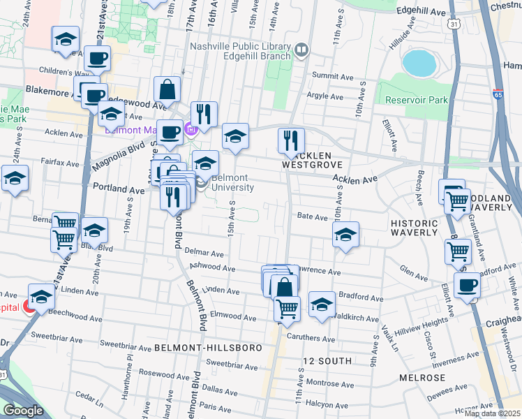 map of restaurants, bars, coffee shops, grocery stores, and more near 2101 Bernard Circle in Nashville