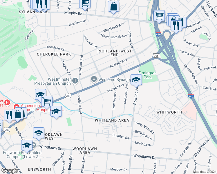map of restaurants, bars, coffee shops, grocery stores, and more near 3733 West End Avenue in Nashville